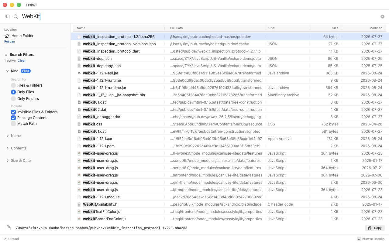 Tr4wl showing results for the word WebKit: files in a dotfile cache, in node_modules, in build output folders, and inside the Contents folder of a .app bundle, each with its kind and size.
