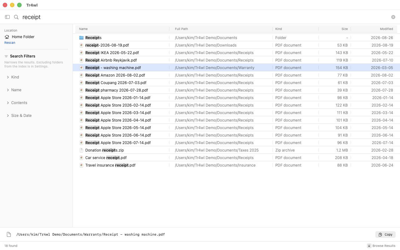 The Tr4wl window: a search for the word receipt, with folders listed first and then PDFs from Documents, Downloads and subfolders, showing name, full path, kind, size and date columns with the matched part of each name in bold.